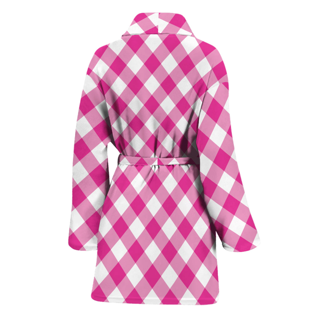 Magenta Pink And White Gingham Print Women's Bathrobe