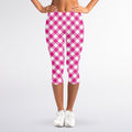 Magenta Pink And White Gingham Print Women's Capri Leggings
