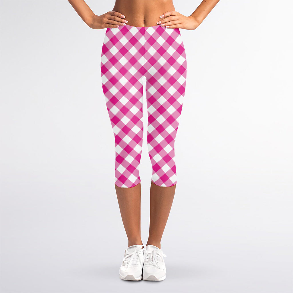 Magenta Pink And White Gingham Print Women's Capri Leggings