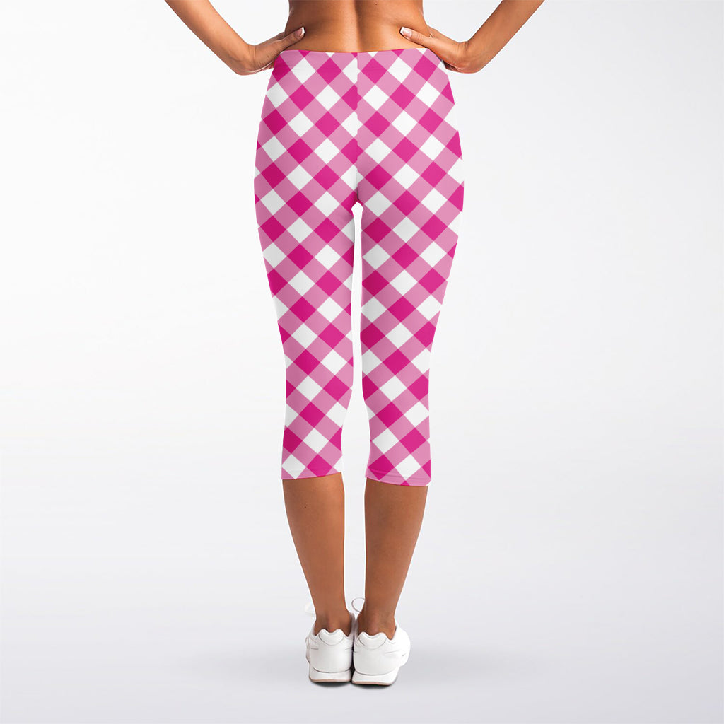 Magenta Pink And White Gingham Print Women's Capri Leggings
