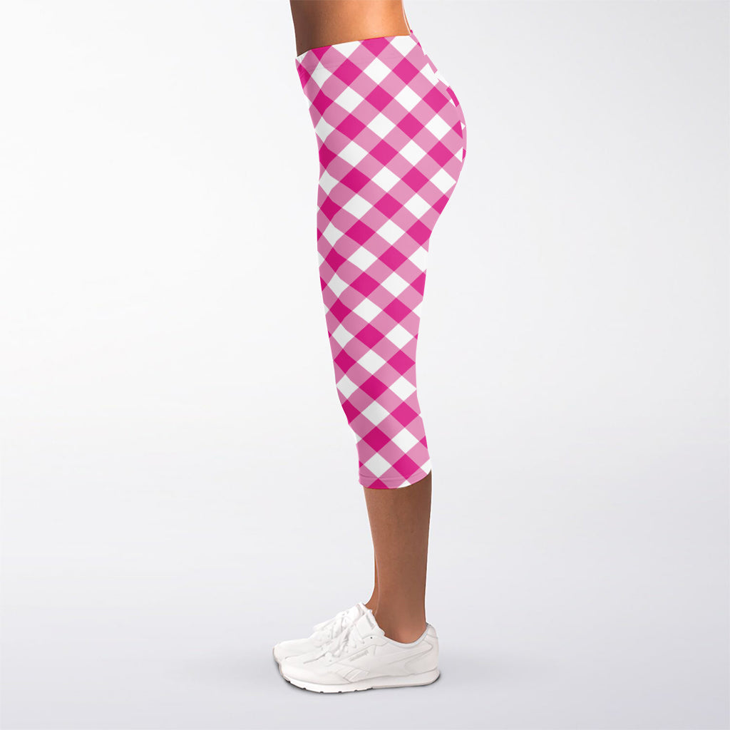 Magenta Pink And White Gingham Print Women's Capri Leggings