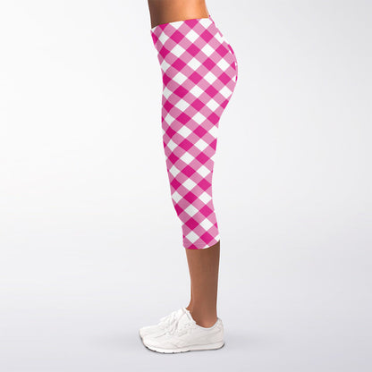 Magenta Pink And White Gingham Print Women's Capri Leggings