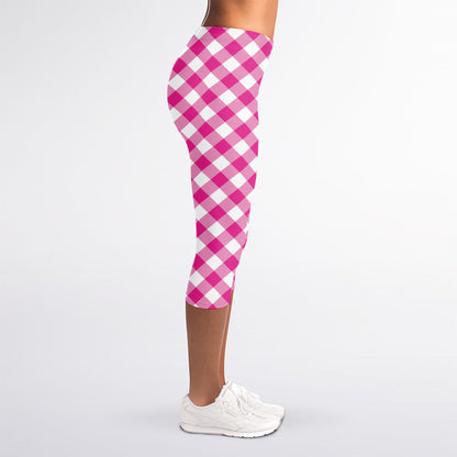 Magenta Pink And White Gingham Print Women's Capri Leggings