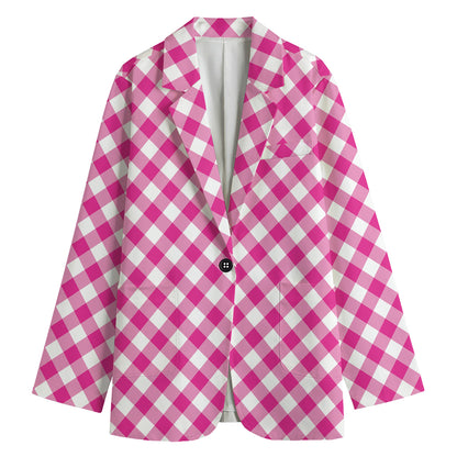 Magenta Pink And White Gingham Print Women's Cotton Blazer