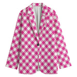Magenta Pink And White Gingham Print Women's Cotton Blazer