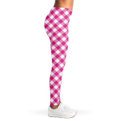 Magenta Pink And White Gingham Print Women's Leggings