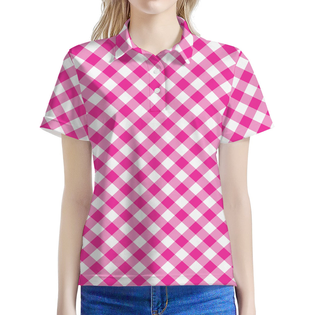 Magenta Pink And White Gingham Print Women's Polo Shirt