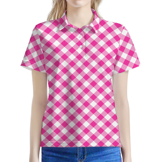 Magenta Pink And White Gingham Print Women's Polo Shirt