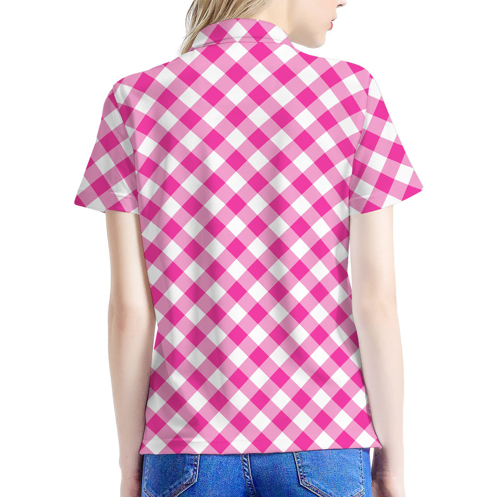 Magenta Pink And White Gingham Print Women's Polo Shirt