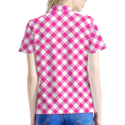 Magenta Pink And White Gingham Print Women's Polo Shirt