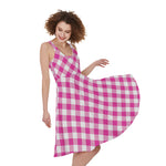 Magenta Pink And White Gingham Print Women's Sleeveless Dress