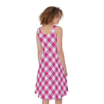 Magenta Pink And White Gingham Print Women's Sleeveless Dress
