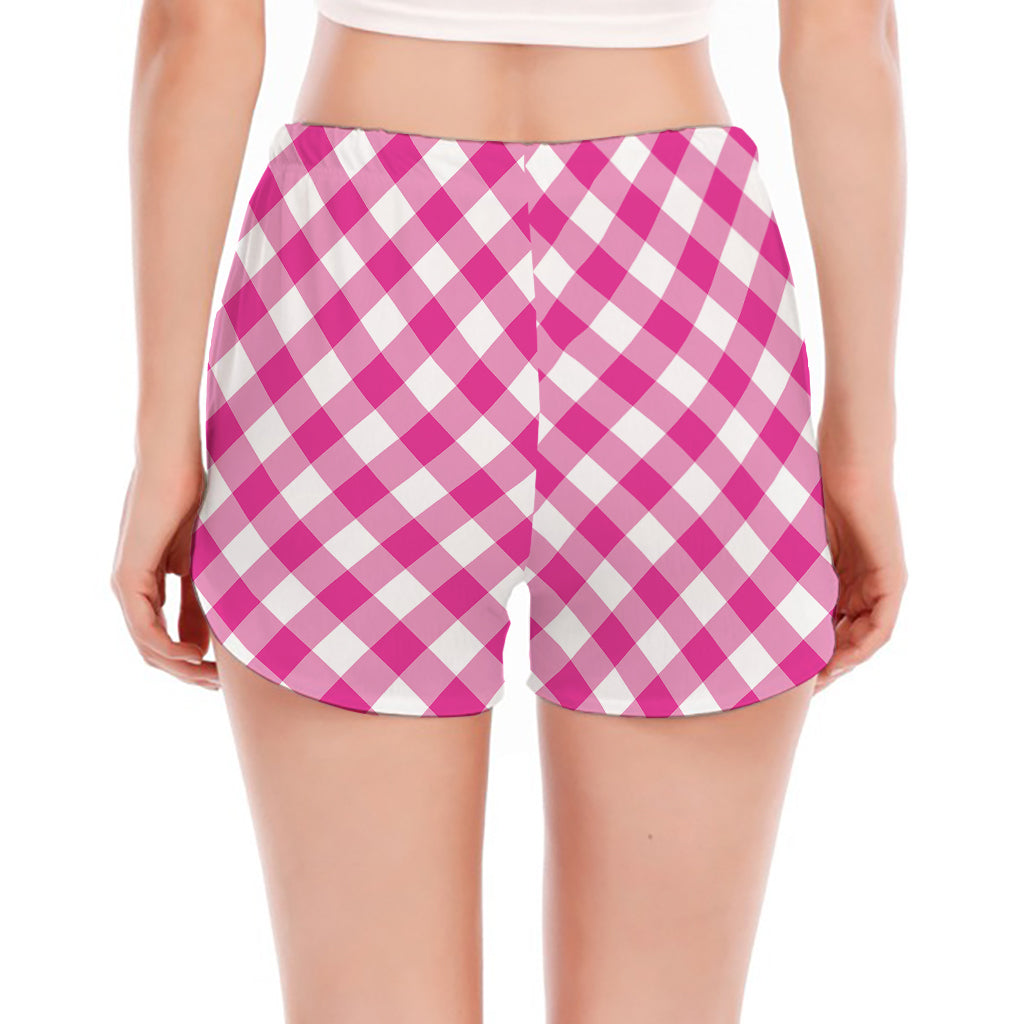 Magenta Pink And White Gingham Print Women's Split Running Shorts