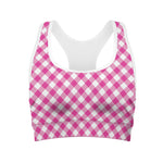Magenta Pink And White Gingham Print Women's Sports Bra