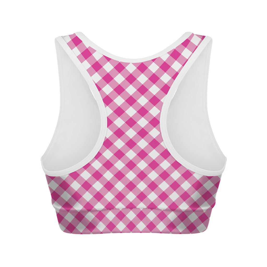 Magenta Pink And White Gingham Print Women's Sports Bra