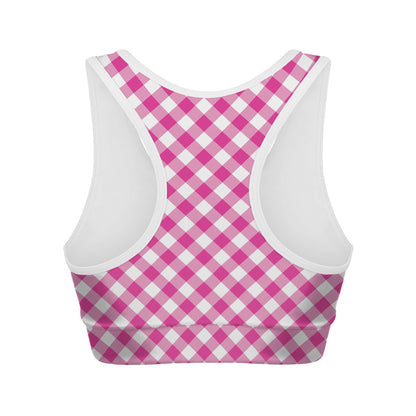 Magenta Pink And White Gingham Print Women's Sports Bra