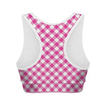 Magenta Pink And White Gingham Print Women's Sports Bra