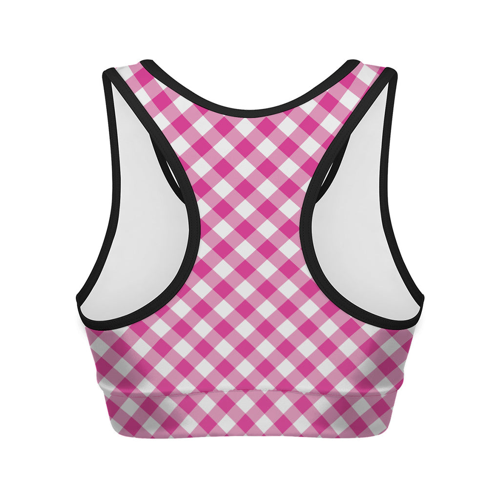 Magenta Pink And White Gingham Print Women's Sports Bra