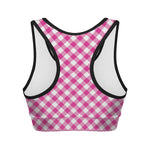 Magenta Pink And White Gingham Print Women's Sports Bra