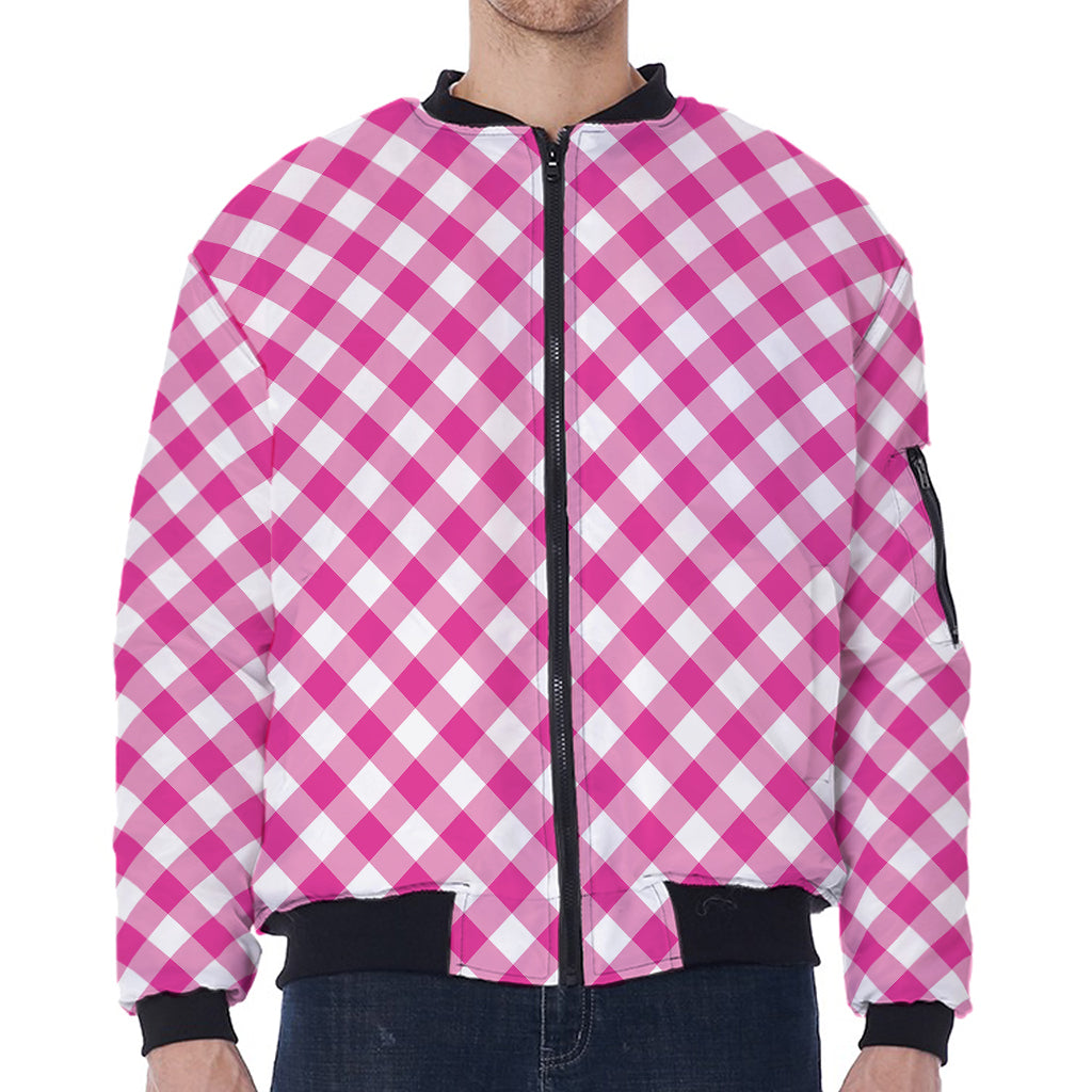 Magenta Pink And White Gingham Print Zip Sleeve Bomber Jacket