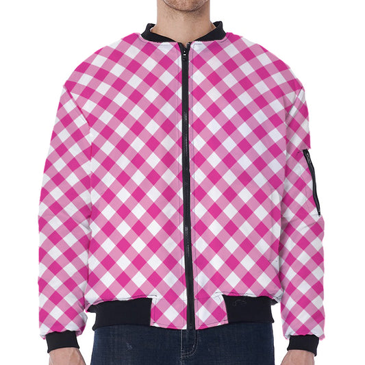 Magenta Pink And White Gingham Print Zip Sleeve Bomber Jacket