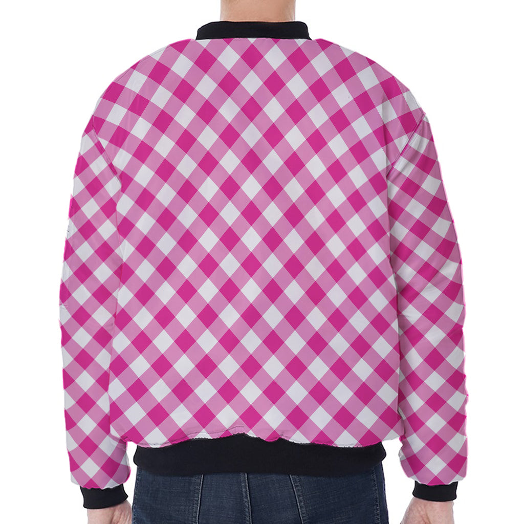 Magenta Pink And White Gingham Print Zip Sleeve Bomber Jacket