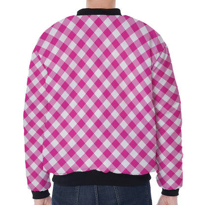 Magenta Pink And White Gingham Print Zip Sleeve Bomber Jacket
