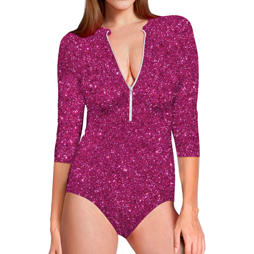 Magenta Pink Glitter Artwork Print (NOT Real Glitter) Long Sleeve Swimsuit