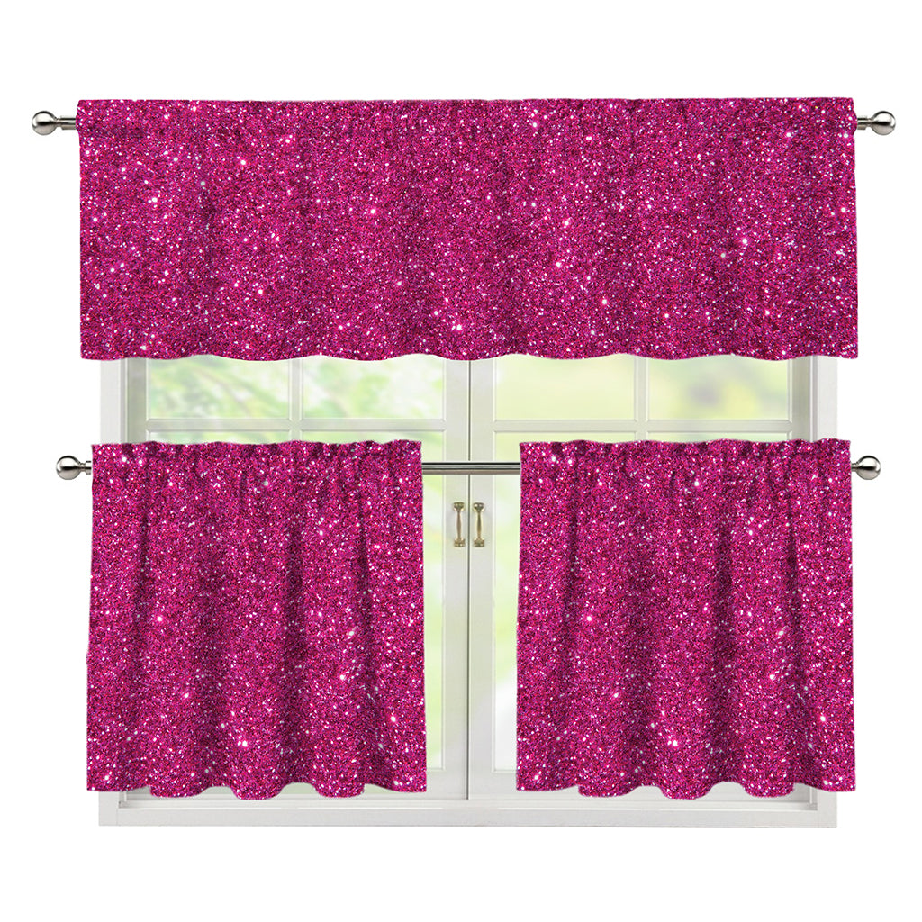 Magenta Pink (NOT Real) Glitter Print 3 Piece Kitchen Curtains