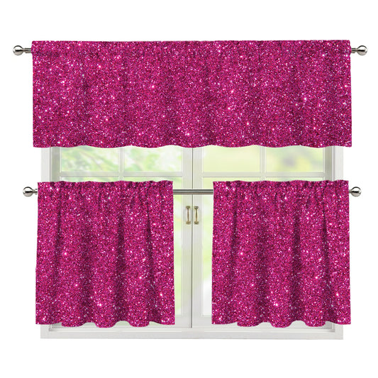 Magenta Pink (NOT Real) Glitter Print 3 Piece Kitchen Curtains