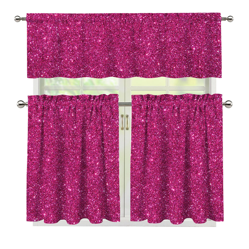 Magenta Pink (NOT Real) Glitter Print 3 Piece Kitchen Curtains