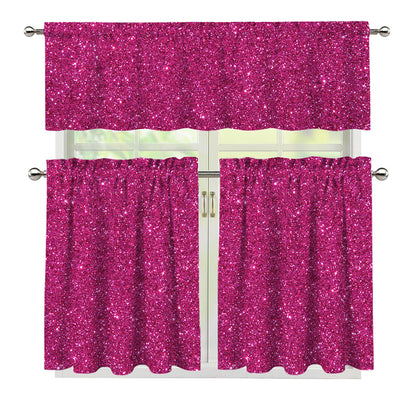Magenta Pink (NOT Real) Glitter Print 3 Piece Kitchen Curtains