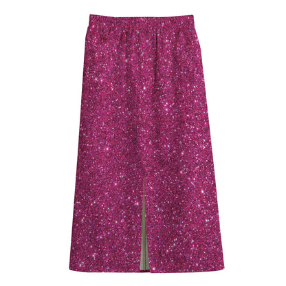 Magenta Pink (NOT Real) Glitter Print Cotton Front Slit Maxi Skirt