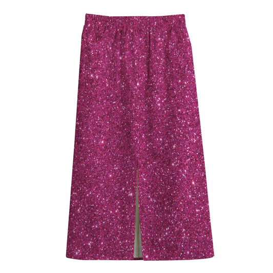 Magenta Pink (NOT Real) Glitter Print Cotton Front Slit Maxi Skirt