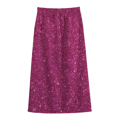 Magenta Pink (NOT Real) Glitter Print Cotton Front Slit Maxi Skirt