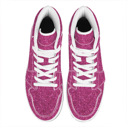 Magenta Pink (NOT Real) Glitter Print High Top Leather Sneakers