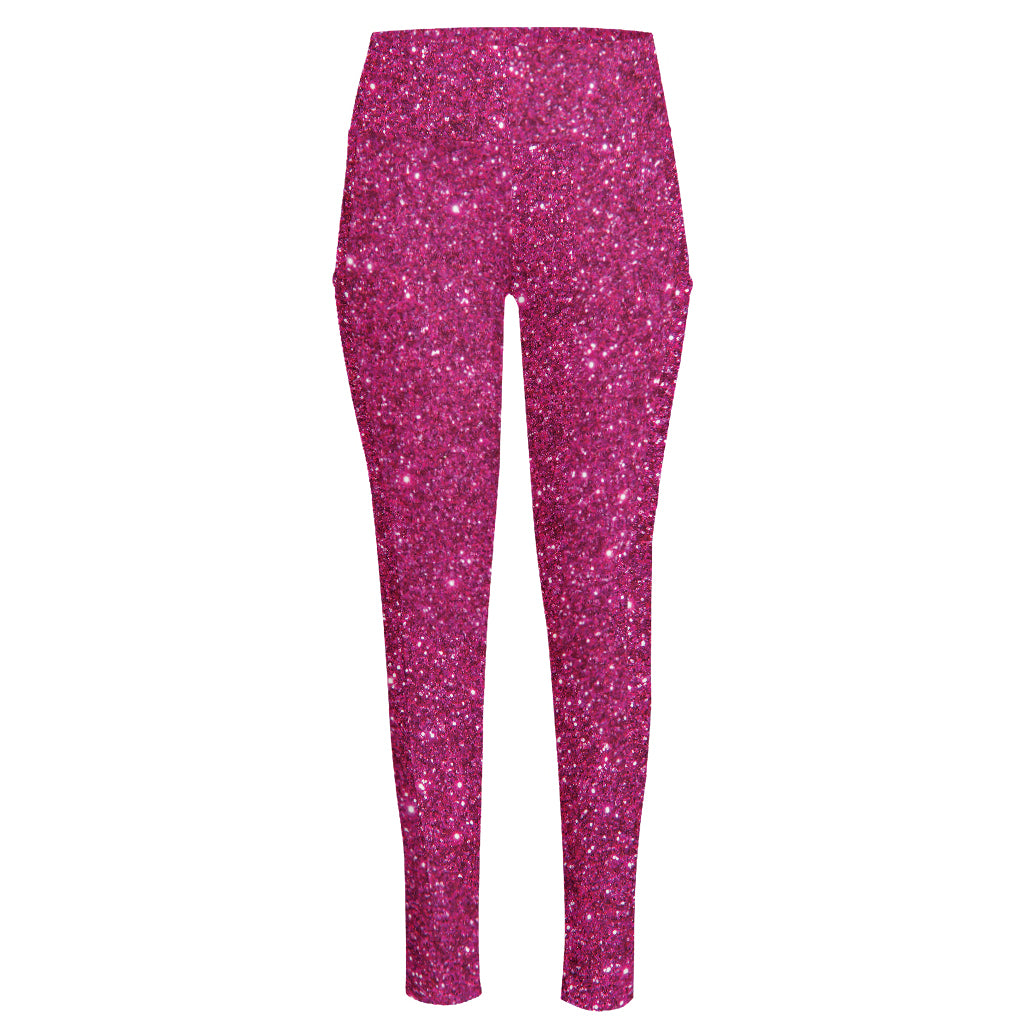 Magenta Pink (NOT Real) Glitter Print High-Waisted Pocket Leggings