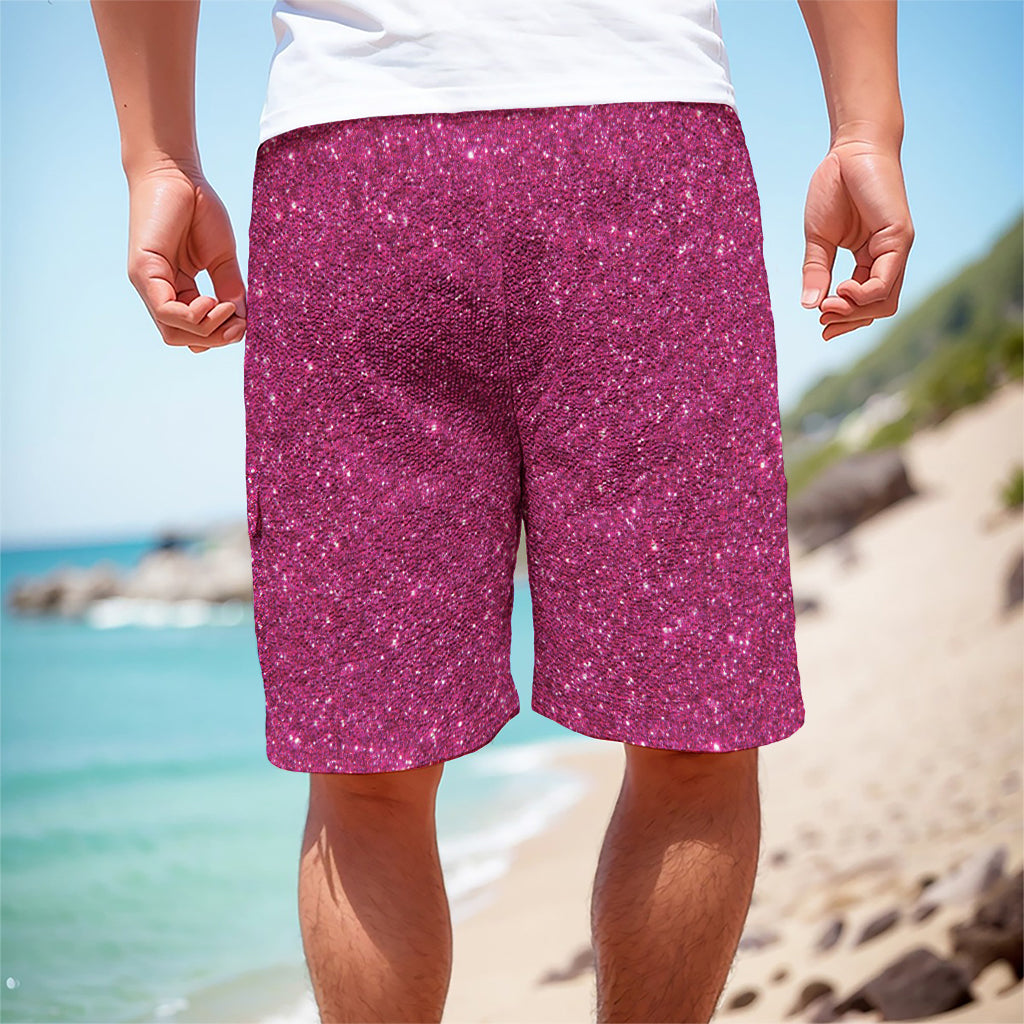 Magenta Pink (NOT Real) Glitter Print Men's Cargo Shorts