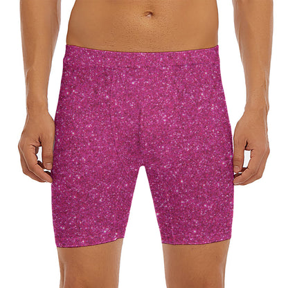 Magenta Pink (NOT Real) Glitter Print Men's Long Boxer Briefs