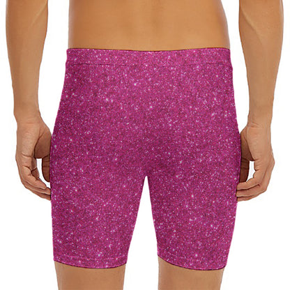 Magenta Pink (NOT Real) Glitter Print Men's Long Boxer Briefs