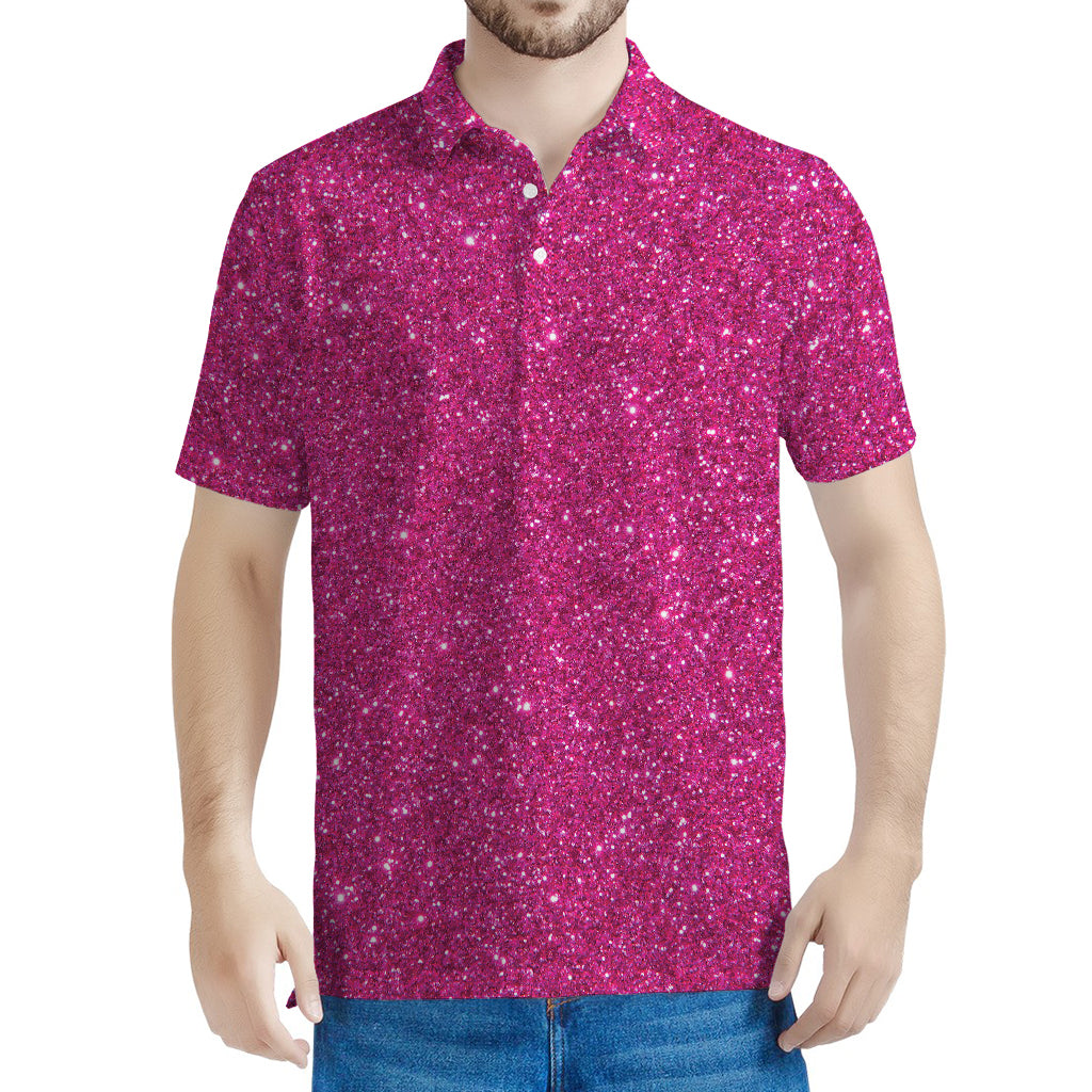 Magenta Pink (NOT Real) Glitter Print Men's Polo Shirt