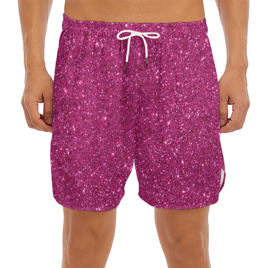 Magenta Pink (NOT Real) Glitter Print Men's Split Running Shorts