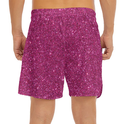 Magenta Pink (NOT Real) Glitter Print Men's Split Running Shorts