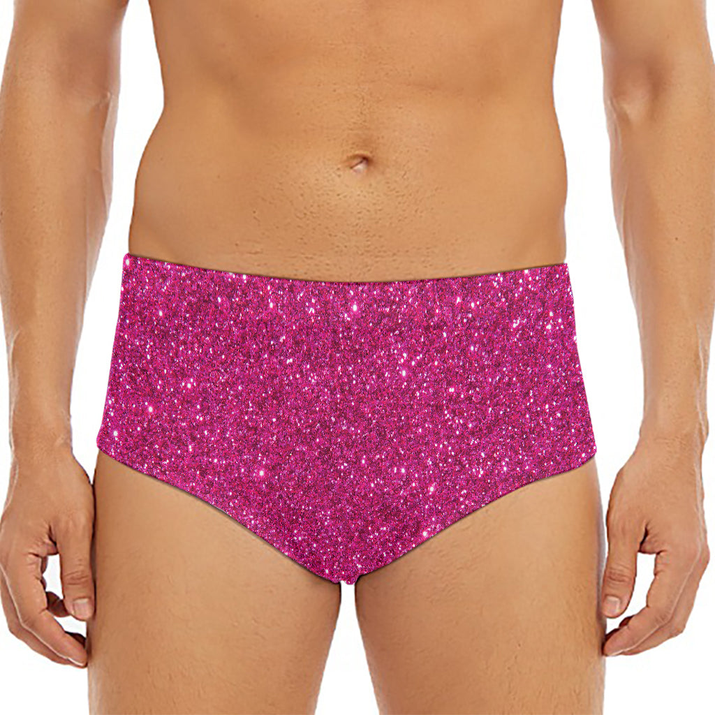Magenta Pink (NOT Real) Glitter Print Men's Triangle Swim Briefs