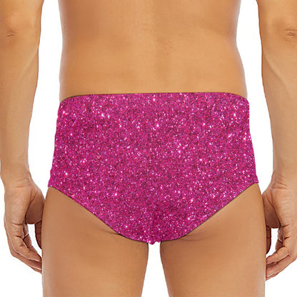 Magenta Pink (NOT Real) Glitter Print Men's Triangle Swim Briefs