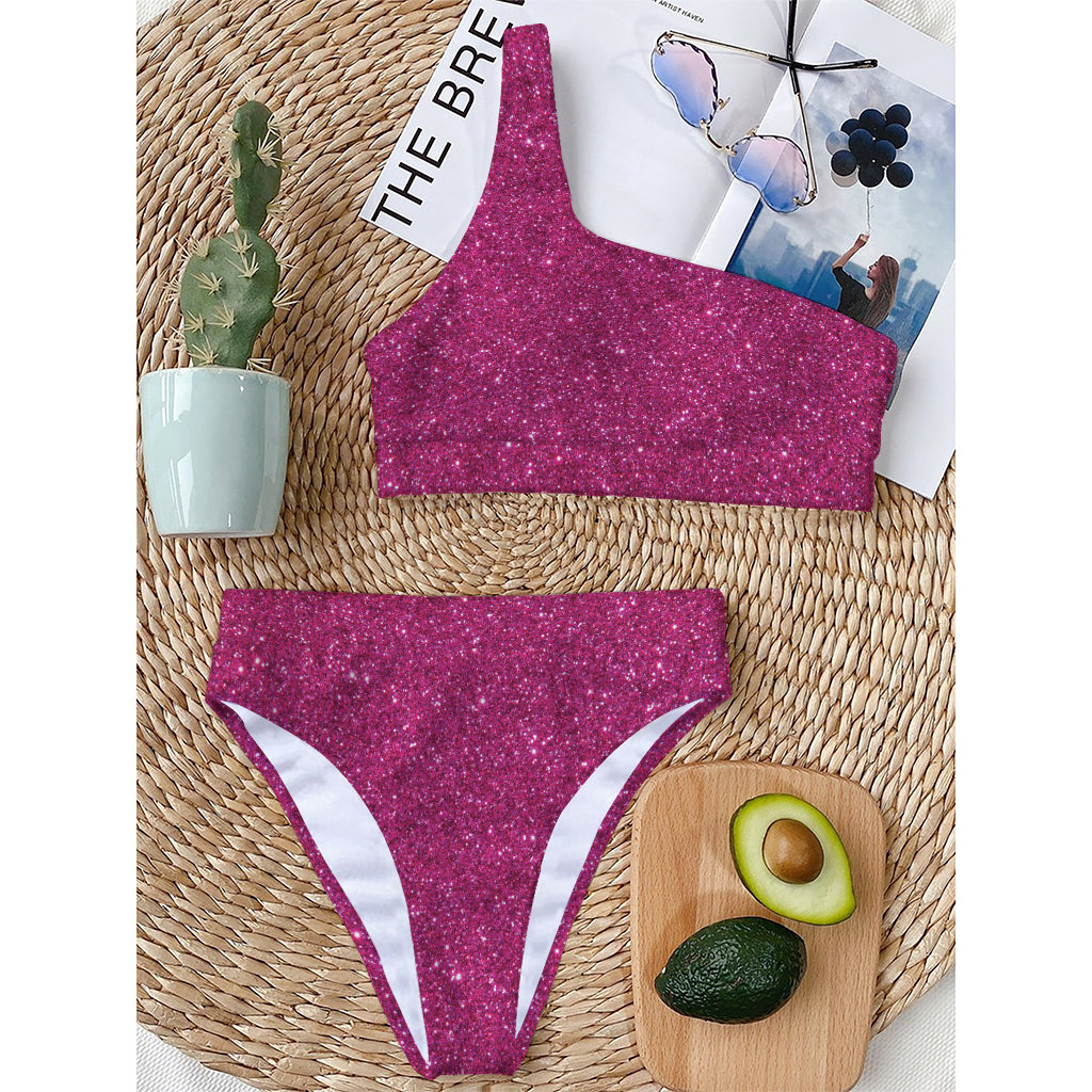 Magenta Pink (NOT Real) Glitter Print One Shoulder Bikini Top