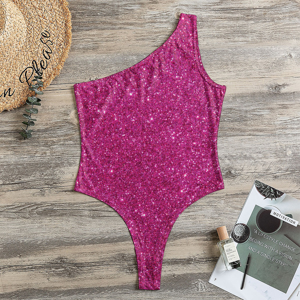 Magenta Pink (NOT Real) Glitter Print One Shoulder Bodysuit