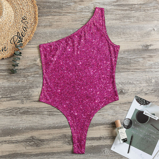 Magenta Pink (NOT Real) Glitter Print One Shoulder Bodysuit