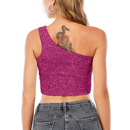 Magenta Pink (NOT Real) Glitter Print One Shoulder Crop Top