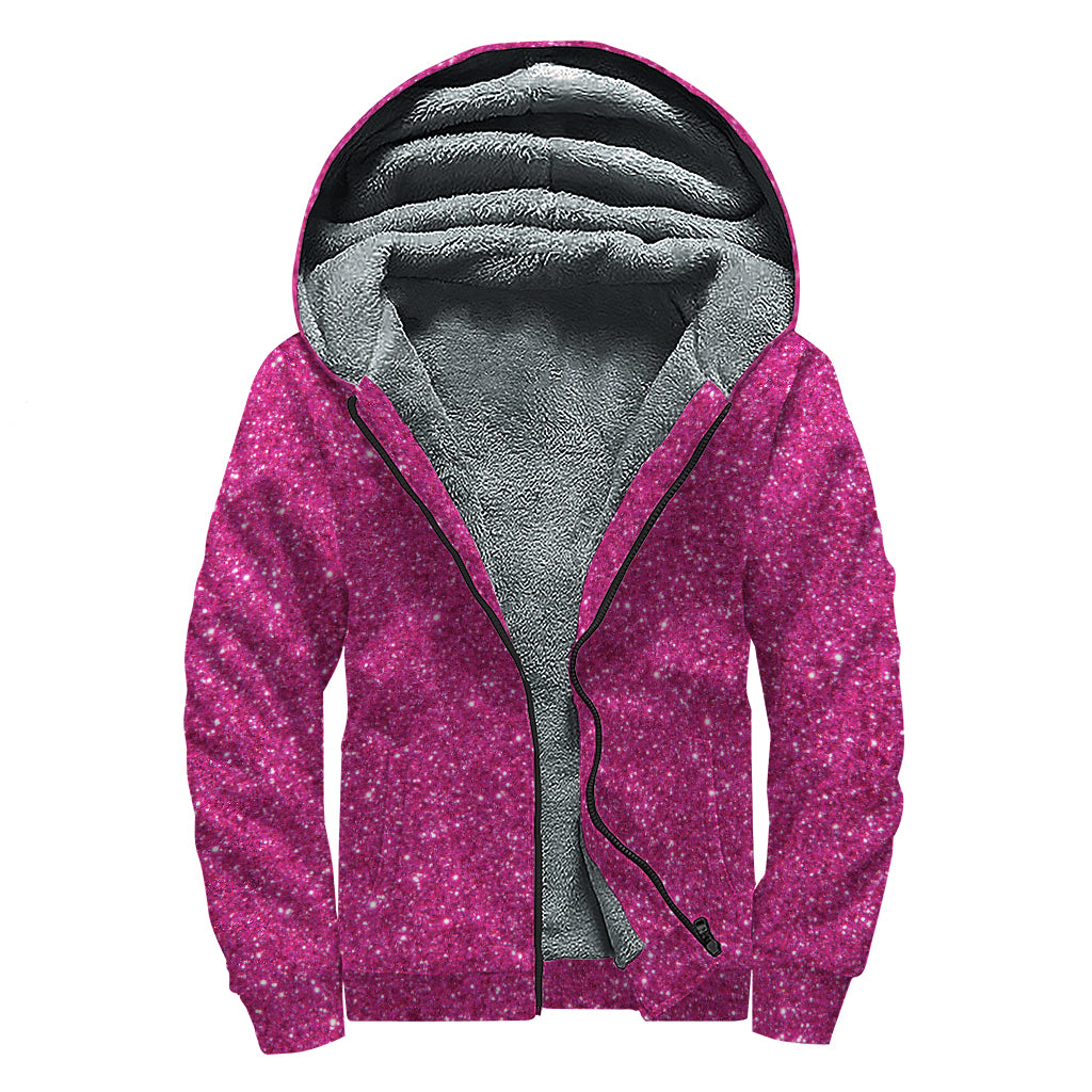 Magenta Pink (NOT Real) Glitter Print Sherpa Lined Zip Up Hoodie